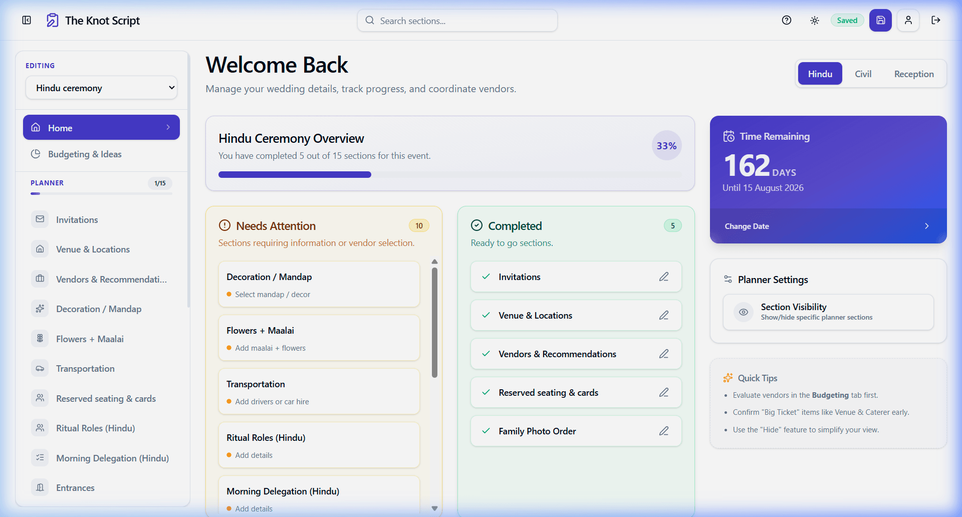 The Knot Script planner dashboard showing progress tracking, countdown timer, and ceremony overview