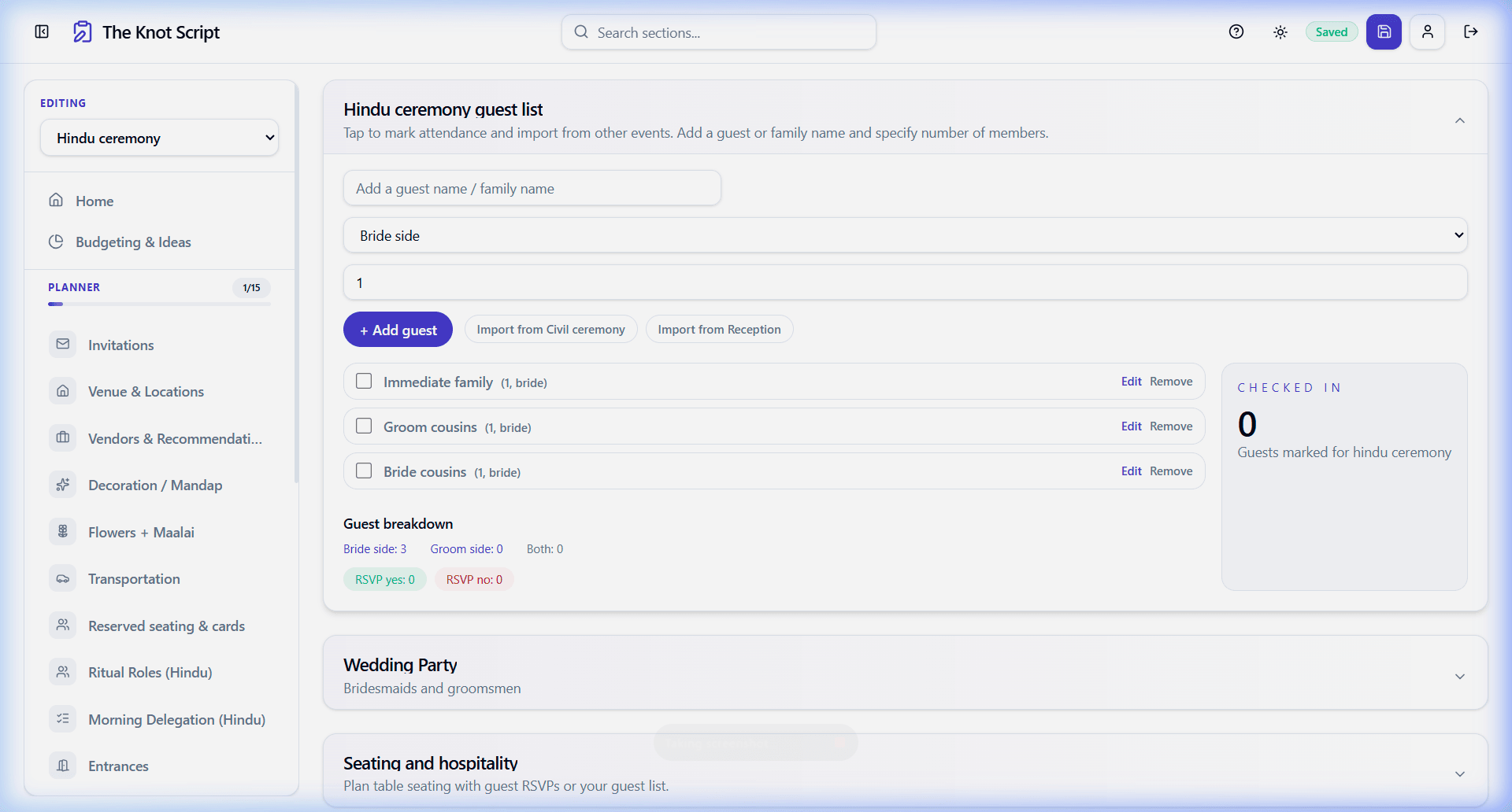 Guest list manager with family groups, RSVP tracking, and check-in status