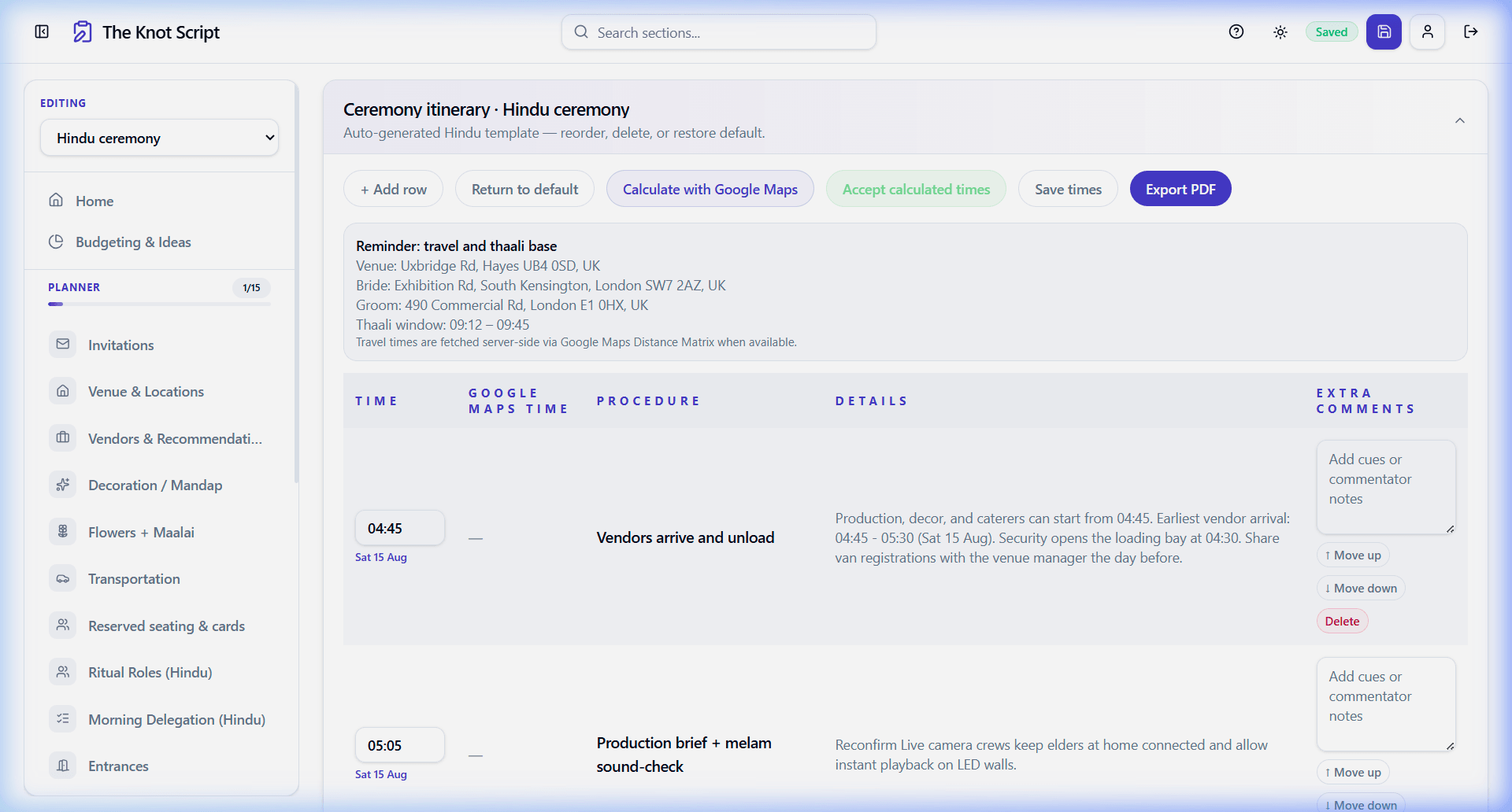 Ceremony itinerary builder with timed schedule, travel reminders, and vendor coordination